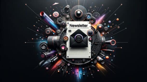 Futuristic newsletter concept with dynamic mechanical design elements.