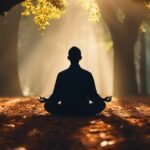 Person meditating in sunlit autumn forest