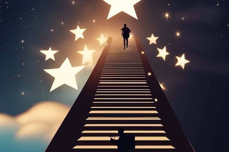 achieving meaningful goals through effective techniques tjs Person ascending star-shaped staircase into night sky.