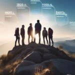 Group of hikers on mountain peak at sunset.
