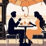 Couple enjoying drinks at a sidewalk cafe.