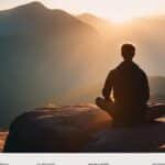 Person meditating on mountain at sunrise.