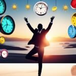 Person with clocks floating in sunset landscape.