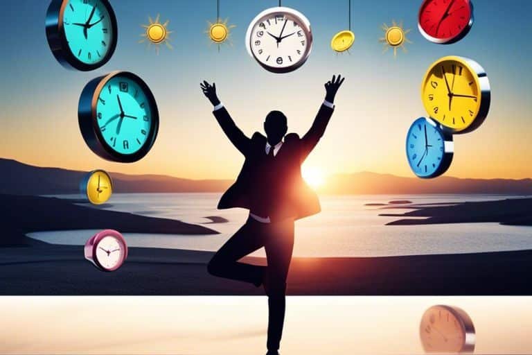boost productivity with time management hacks had Person with clocks floating in sunset landscape.