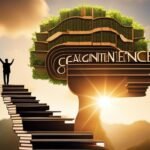 Eco-friendly brain architecture with person celebrating on stairs.