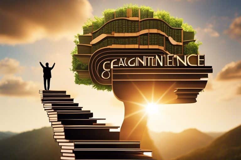 building confidence and embracing a growth mindset roa Eco-friendly brain architecture with person celebrating on stairs.