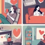 Illustrations of people enjoying digital devices at home.