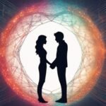 Silhouetted couple holding hands, abstract colorful background.