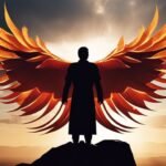 Silhouette with fiery wings at sunset.