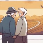 Two elderly men smiling and shaking hands, desert background.