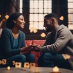 Couple holding hands, smiling on red couch, cozy ambiance.