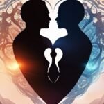 Silhouette of couple with ornate heart background.