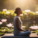 Woman meditating by lotus pond at sunrise