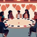 Group discussion around circular table with lightbulb icons.