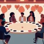 Group discussion around circular table with lightbulb icons.