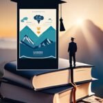 Graduate silhouette with books and motivational poster at sunrise.