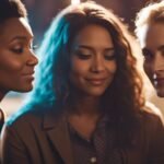 Three women sharing a moment, warm ambient lighting.
