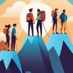 Illustration of hikers on mountain peaks at sunset.