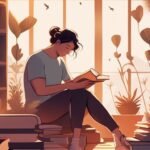 Woman reading book in cozy, sunlit home library.