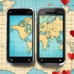Smartphones displaying maps with location hearts.