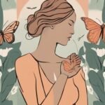 Illustration of woman with butterflies and floral background.