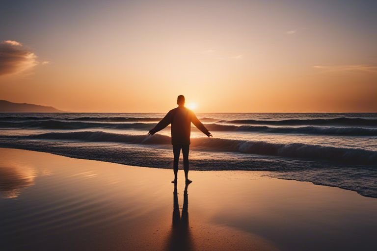 Person silhouetted against beach sunset.