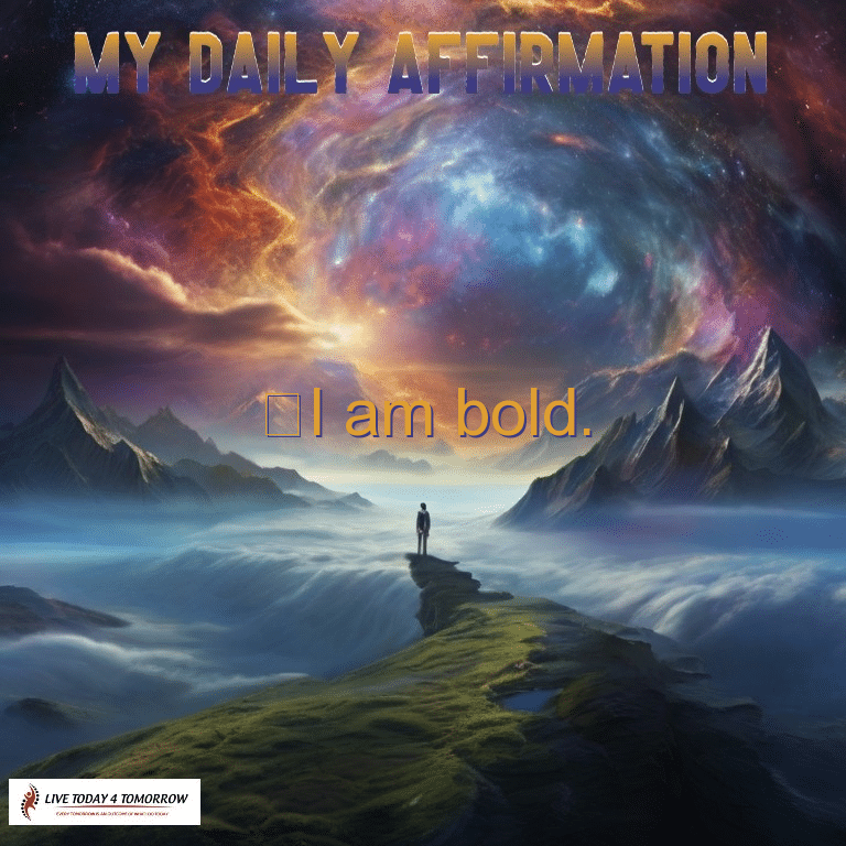 i am bold. Person on cliff with cosmic sky, daily affirmation text.