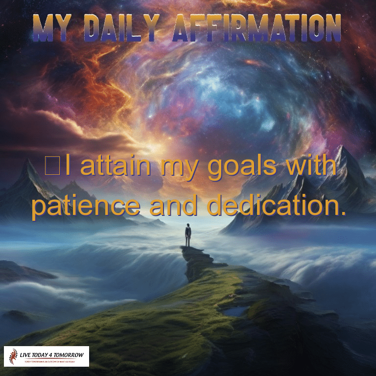 i attain my goals with patience and dedication. Inspirational affirmation over cosmic mountain landscape.