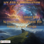 Inspirational affirmation over cosmic background with majestic landscapes.