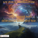 Person on cliff with cosmic background, daily affirmation text.
