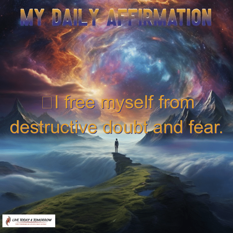 i free myself from destructive doubt and fear. Person on cliff with cosmic background, daily affirmation text.
