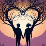 Couple silhouette, heart-shaped tree, romantic sunset background.