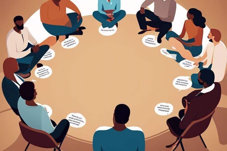 life coaching for effective communication and decisionmaking lcj Group therapy session illustration with diverse participants.