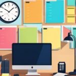 Organized workspace with computer and wall planner.