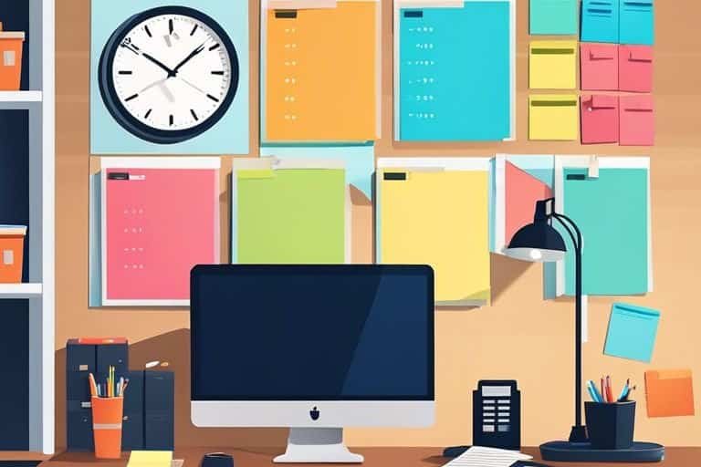 master time management boost productivity hbv Organized workspace with computer and wall planner.