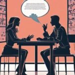 Two people conversing at a table in a stylized illustration.
