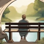 Two people enjoying a tranquil river view from a bench.