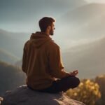 Man meditating on mountain at sunrise