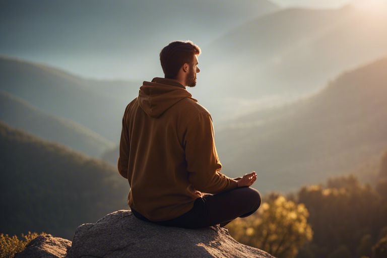 Man meditating on mountain at sunrise