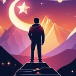 Person silhouette against mountainous night sky with crescent moon.