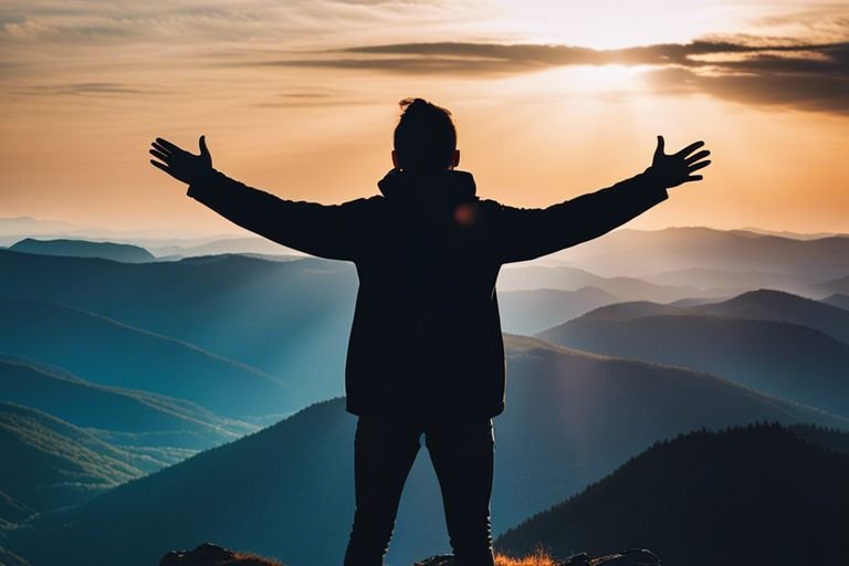 Person with arms spread on mountain at sunset.