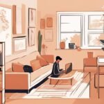 Person working on laptop in sunny living room.