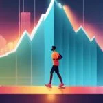 Man walking towards glowing mountain charts.