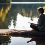 Woman reading by serene lake