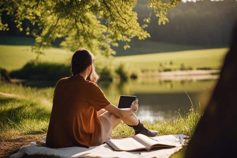 Woman reading tablet by lake in sunlight