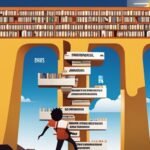 Person ascending abstract bookshelf bridge against sky.