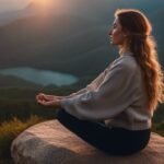 Woman meditating on mountain at sunset.