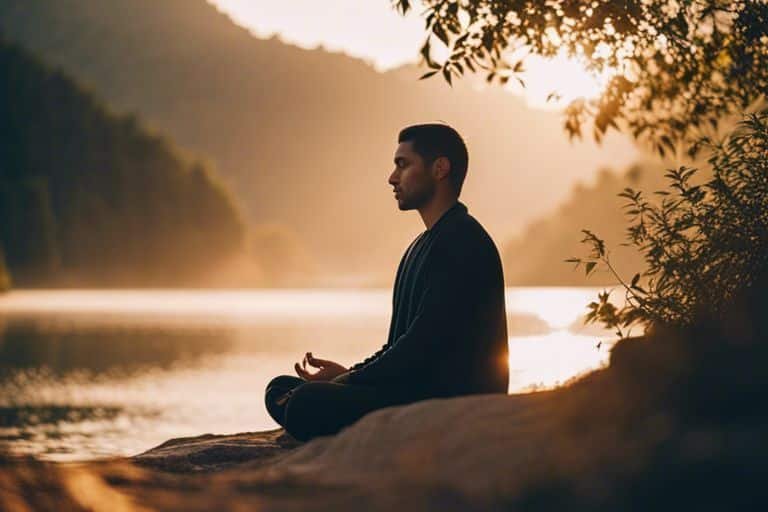 the power of positive affirmations for mental health hww Man meditating by lake at sunset.