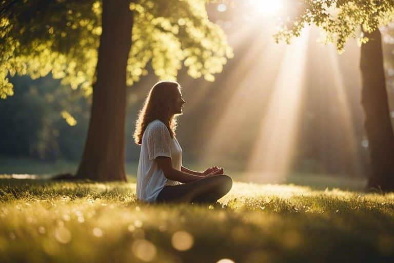 Woman meditating in sunlit park.