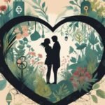 Illustration of couple silhouette in heart-shaped floral frame.